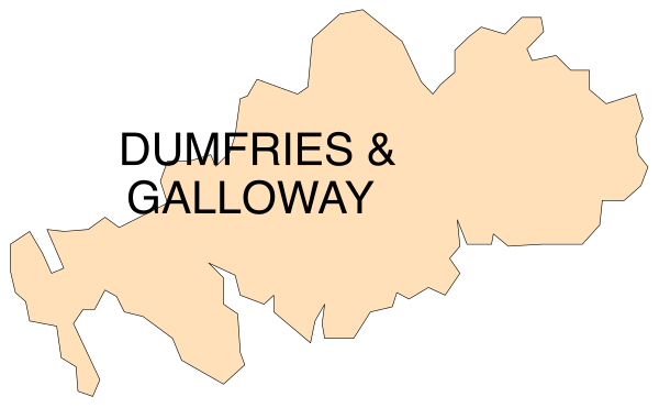 The image shows a map with text indicating "Dumfries & Galloway" at its center, surrounded by various regions of Scotland labeled on it.
