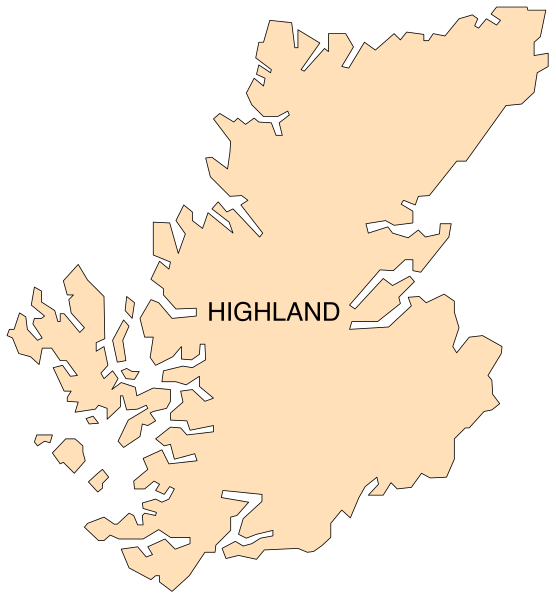 The map shows a stylized representation of Scotland with its borders labeled "Highland" on it.