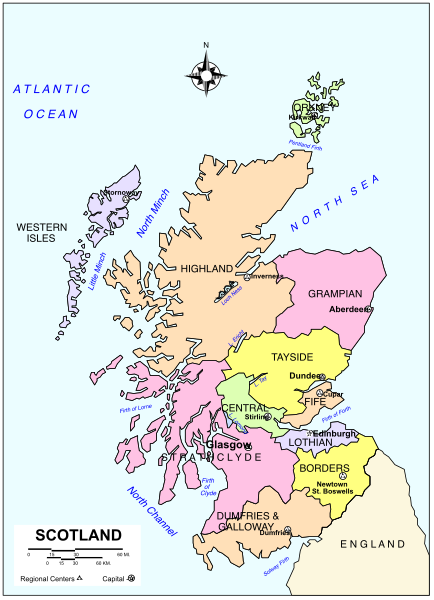 The map shows Scotland with various regions labeled such as "Atlantic Ocean," "North Sea," "Highland Boundary Fault Line," "Clyde Estuary," "Loch Ness" and other geographical features, along with a compass rose in one corner indicating cardinal directions.