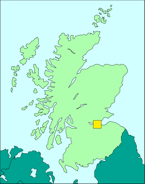 The map shows a stylized representation of Scotland with its distinctive borders marked by thick lines; it is colored to represent different regions within the country, such as Highlands & Islands in green, Lothian in yellow and Central Belt in blue.