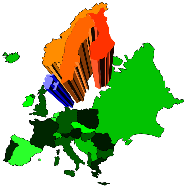 The image shows a map of Europe with different colored blocks on top to represent countries' economic performance using GDP per capita data from 2015 as indicated by color codes: red for Russia (lowest), yellow for Sweden, green for Germany, and blue for France. There are also two smaller insets showing the same concept but without country names or labels indicating regions within Europe. The map is overlaid with a black background to emphasize its content.