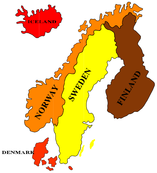 The map shows a stylized representation of Scandinavia with country names: Sweden, Norway, Finland, Iceland; each region is colored differently to represent different countries in Europe.