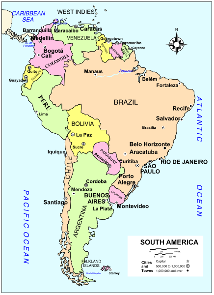 The map shows a stylized representation of South America with country names labeled on it.