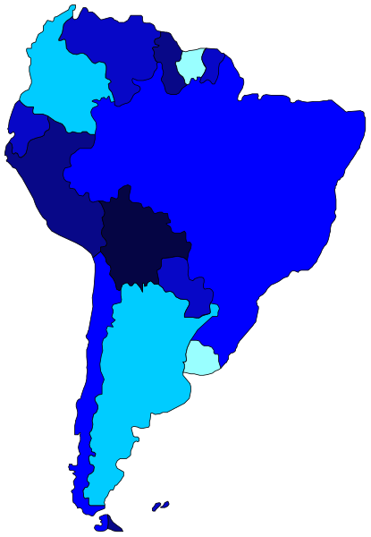 The map shows a stylized representation of South America with countries colored blue and green; Brazil is highlighted by being larger than other nations in shades of purple and red.