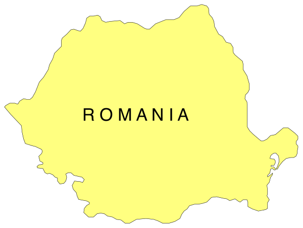 The map shows Romania with a yellow background highlighting its borders against Europe's countries.