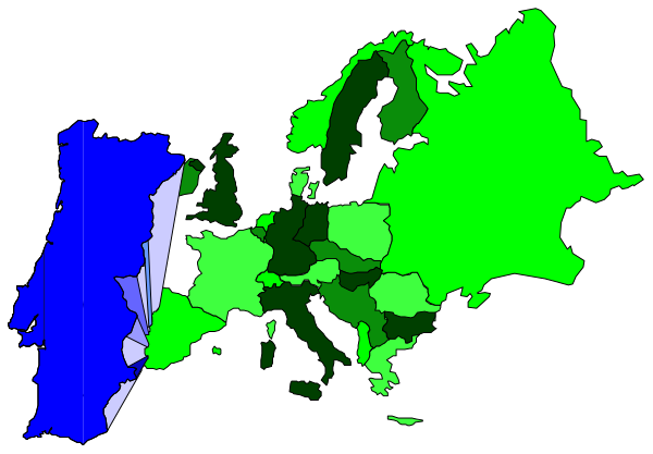 The map shows Europe with various countries highlighted by different colored regions; it's a simple representation of European geography without any additional details like cities or landmarks.