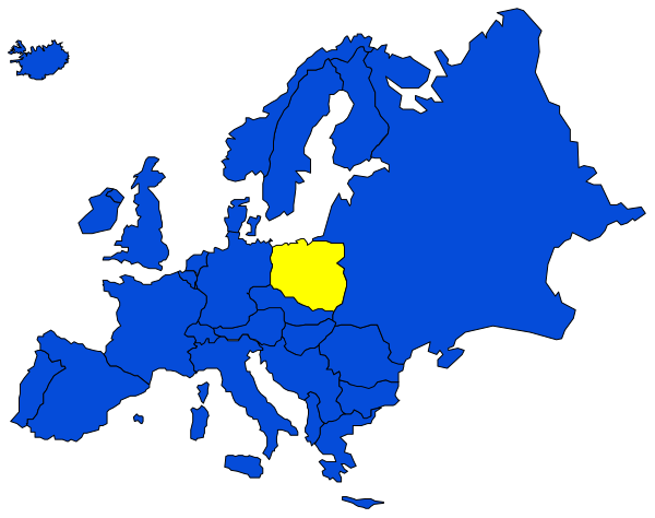 The map shows Europe with a focus on Poland marked by yellow coloring within its borders; it is overlaid onto a black background in portrait orientation.