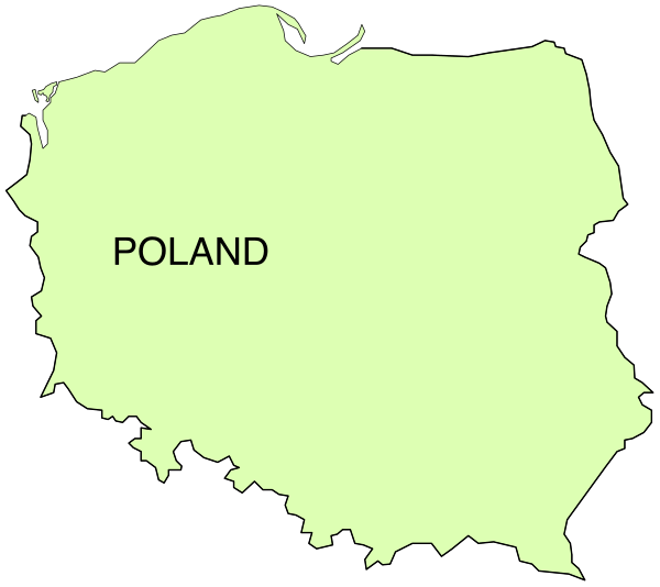 The map shows a stylized representation of Poland with its borders outlined against a white background; it is labeled "POLAND" in black text at top center.
