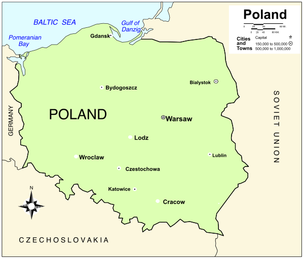 The map shows Poland with its capital Warsaw marked by a star symbolizing importance.