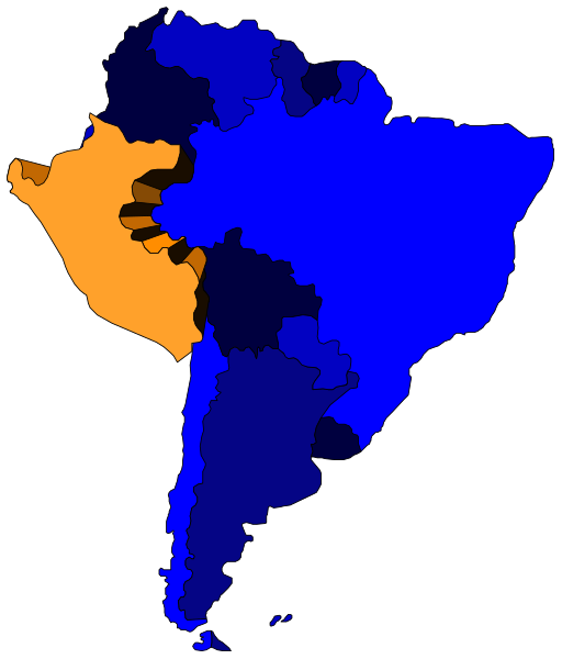 The map shows a stylized representation of South America with countries colored blue and orange; it is overlaid on top of another image that appears to be an electoral districting map for India in shades of purple, red, green, yellow, black, white, gray, brown, pink.