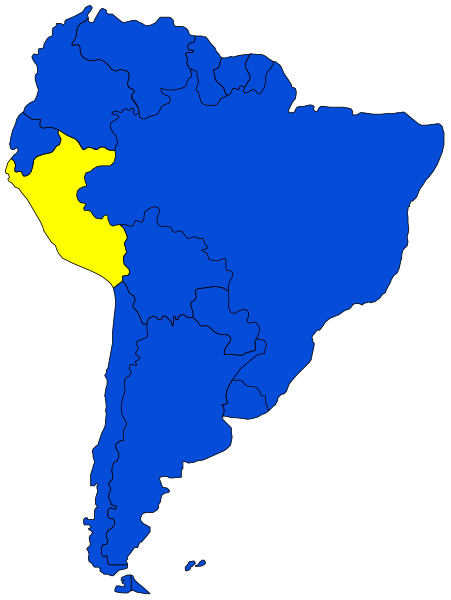 The map shows South America with a focus on Brazil highlighted by blue coloring; there is also an overlay of yellow regions indicating different states within countries like Argentina, Chile, Peru, Ecuador, Colombia, and Venezuela.