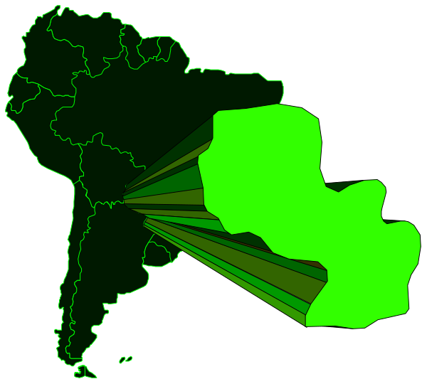 The map of South America with a green arrow pointing to Brazil from Europe on it.