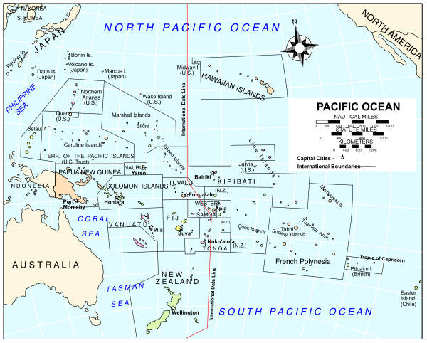 The map shows a section of Pacific Ocean with various islands labeled such as "North pacific ocean," "South pacific ocean" and other geographical details like countries' names on it.