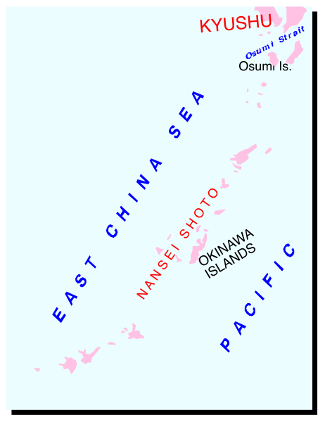 The map shows a section of East Asia with labels indicating China Sea to its east, Kyushu Island is labeled as being in Japan's Osumi Province (Oshima), Nansei Islands off Okinawa and Hawaii Pacific University located on an island named "Kyushuu."