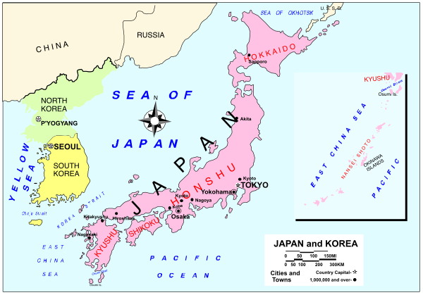 The map shows Japan with various regions labeled such as "Sea of Japan," "Korean Peninsula" and other countries around it like China, Russia, North Korea, South Korea, etc., indicating geographical locations on Earth
