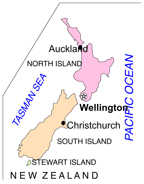 The map shows a stylized representation of New Zealand with various regions labeled such as Auckland, Wellington, Christchurch, South Island, Stewart Island, North Island, Tasman Sea, Pacific Ocean, and other geographical features like mountains and coastlines are depicted in color.