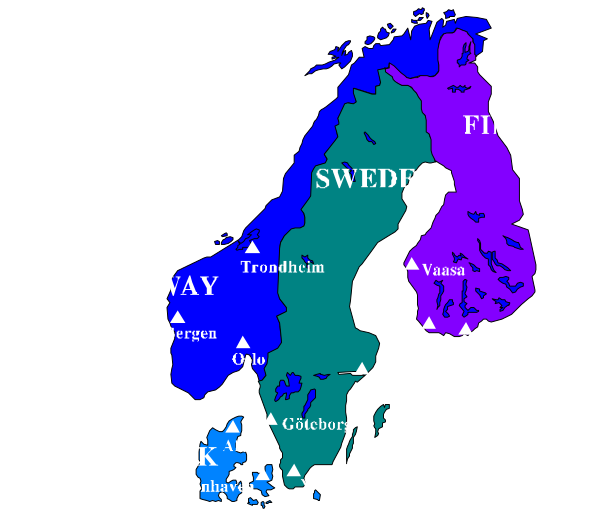 The map shows countries of Europe with their names written on them: Sweden, Finland & Denmark; Norway is also labeled as a country in this image.