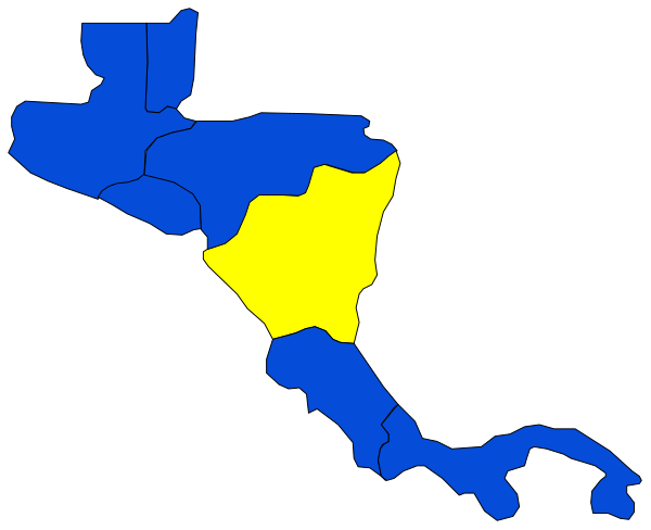 The map shows a stylized representation of Central America with countries highlighted; it is colored blue for landmasses and yellow for water bodies.