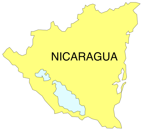 The map shows Nicaragua with a yellow background highlighting its borders against other countries on an unspecified continent.