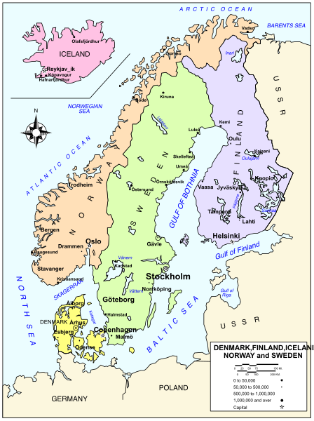 The map shows a stylized representation of Scandinavia with country names labeled on it; there is no human activity depicted in this image.
