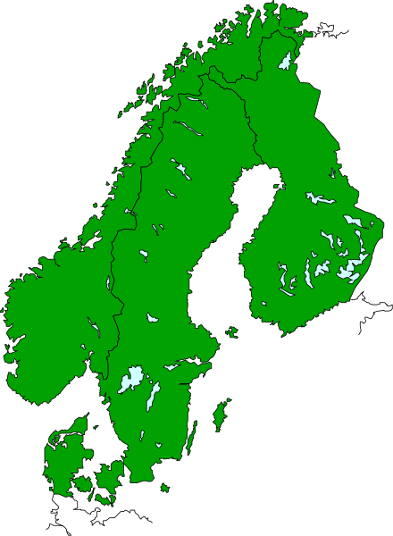 The map shows a stylized representation of Scandinavia with green areas indicating forested regions and white dots possibly representing cities or towns within those forests.