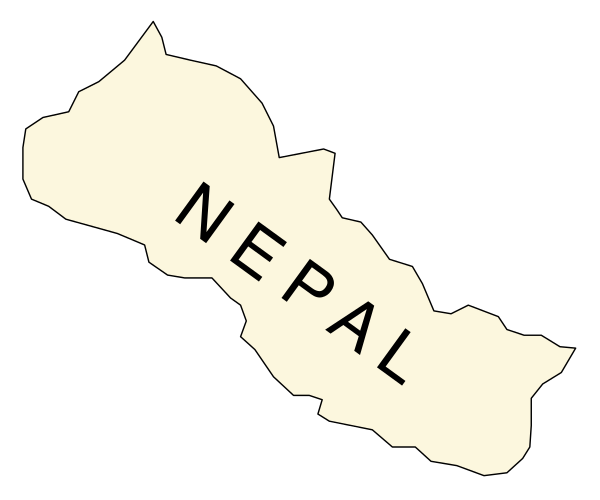 The image shows a map of Nepal with text on it that reads "NEPAL" atop an outline representing its geographical shape within South Asia.