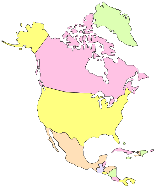 The map shows a stylized representation of North America with colored regions representing different countries such as Canada, United States, Mexico, Central American nations, and possibly other territories like Greenland.