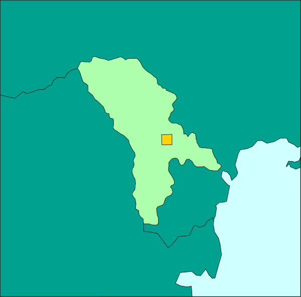 The map shows a region with various shades of green indicating different types of land cover such as forests, grasslands, urban areas, etc., overlaid on top is an outline in white that represents state boundaries and within this boundary there's one yellow square which could represent something important like the capital city or another significant location.
