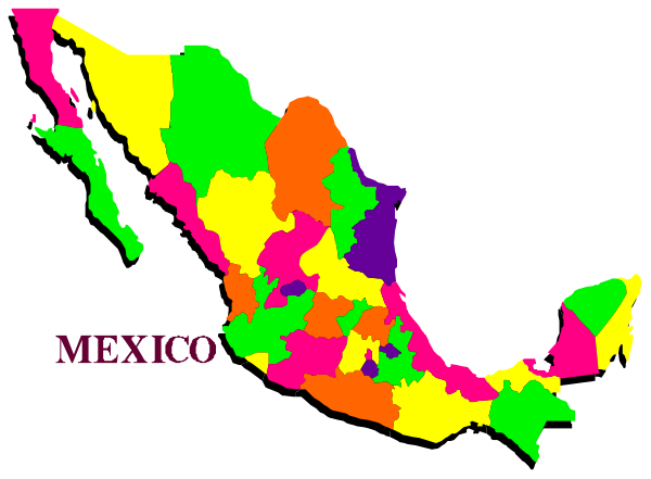 The image shows a stylized map of Mexico with various regions highlighted by different colored shapes on top of it.