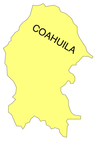 The image shows a stylized map of Coahuila with text overlaying it that reads "COAHUILA" at top left corner in black font on yellow background, followed by "GULLA" below it also in black but smaller font size and centered horizontally across the width.