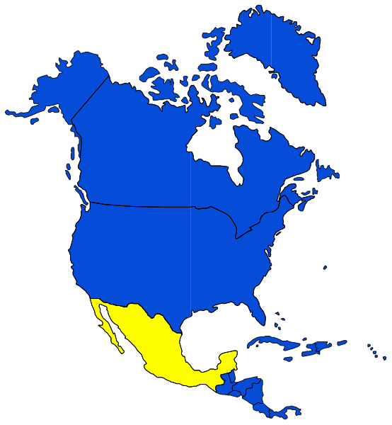 The map shows a stylized representation of North America with country borders highlighted; it includes Canada, Mexico (with Baja California), United States in blue shades, and parts of Central American countries like Guatemala labeled as "Guat."