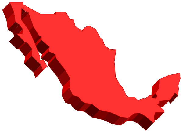 The image shows a red map of Mexico with an overlaid black silhouette that resembles a human face looking towards it from above.