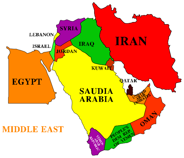 The map shows a stylized representation of countries with their names written on them: Iraq, Syria, Jordan, Egypt, Saudi Arabia, Iran, Afghanistan, Pakistan, India, China, Russia, France, Germany, Italy, Spain, and several others labeled as Middle East or Asia Minor regions.
