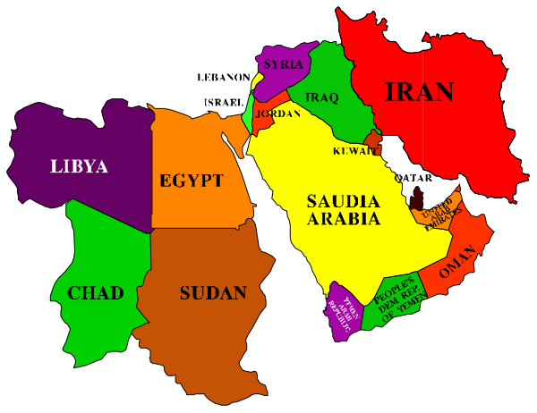 The map shows a colorful representation of countries with their names written on them: Iraq, Syria, Egypt, Saudi Arabia, Yemen, Iran, Afghanistan, Pakistan, India, China, Russia, France, Germany, Italy, Spain, Portugal, Romania, Bulgaria, Greece, Turkey, Israel.