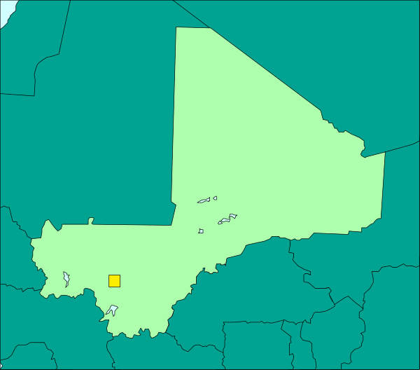 The map shows a region with various administrative divisions labeled as provinces within countries; it is overlaid on an image of Africa that highlights Mali's borders in green coloring against its neighboring country, which appears to be Niger due to similarities between their names and territories shown here.