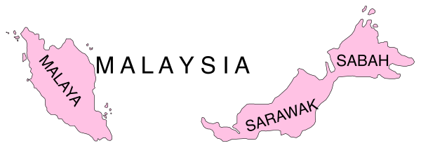 The map shows Malaysia with labels for Sabah, Sarawak, Kuala Lumpur (KL), Malacca, Selangor, Peninsularia, Borneo Island, East Coast States of Kelantan and Terengganu, West Coast State of Perlis.