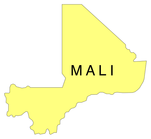 The map shows a stylized representation of Mali with its capital city labeled as Bamako on it.