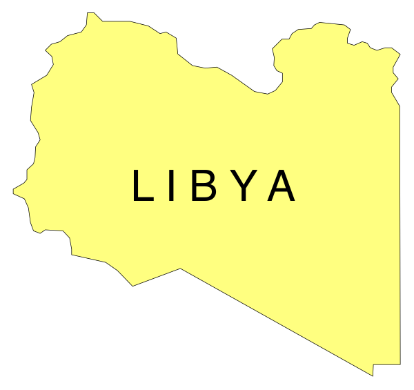 The map shows Libya with a yellow background highlighting its borders on an otherwise white backdrop.