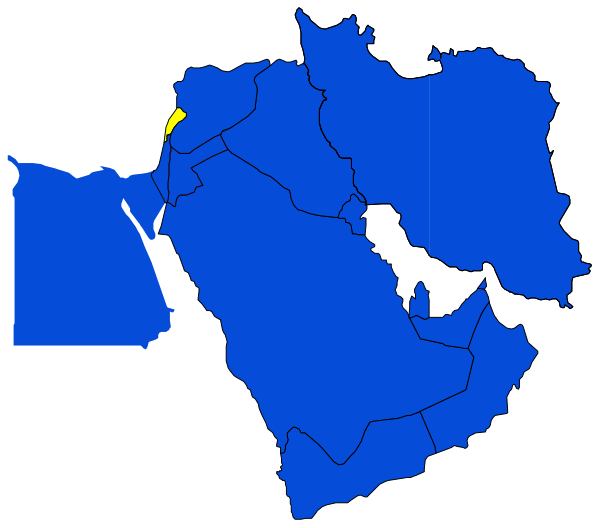The map shows a stylized representation of countries with blue shading for landmasses connected by lines indicating borders between them; it is overlaid on top of another image that appears to be an outline of Iraq and Syria, which have been highlighted in yellow against their respective country maps.