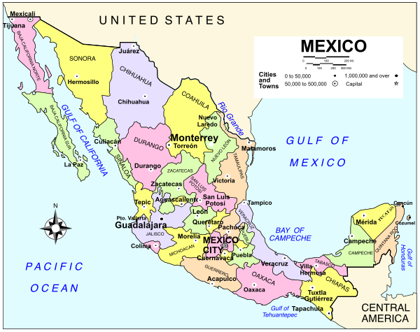 The map shows a stylized representation of Mexico with various states labeled on it.