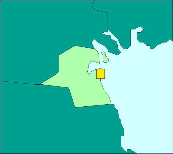 The map shows a section of land with water on both sides, indicating geographical boundaries such as coastlines or rivers.