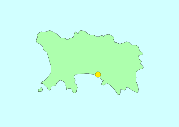 The image shows a stylized map of an island with green landmasses surrounded by blue water, indicating geographical features such as coastlines and possibly islands within larger bodies of water.