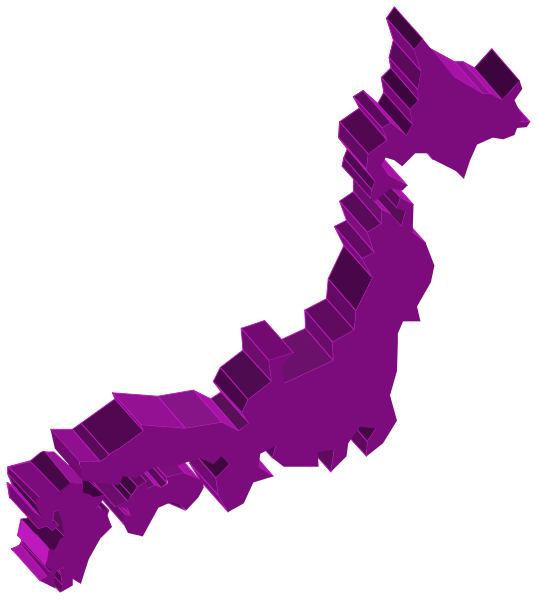 The image shows a stylized map of Japan with various regions highlighted by different shapes such as triangles and rectangles in purple color against a black background.