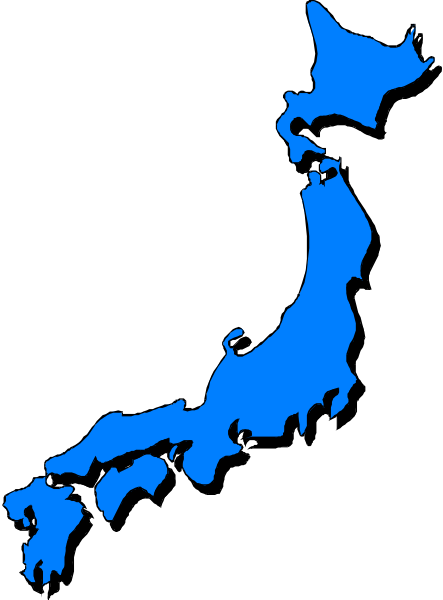 The image shows a stylized map of Japan with blue coloring for its islands against a dark background.