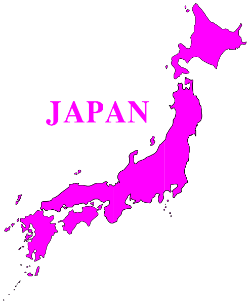 The image shows a stylized map of Japan with pink highlights on its islands against a black background; there is text at top left that reads "JAPAN" in white letters overlaid on the map, and below it appears to be an outline or silhouette resembling a human figure.
