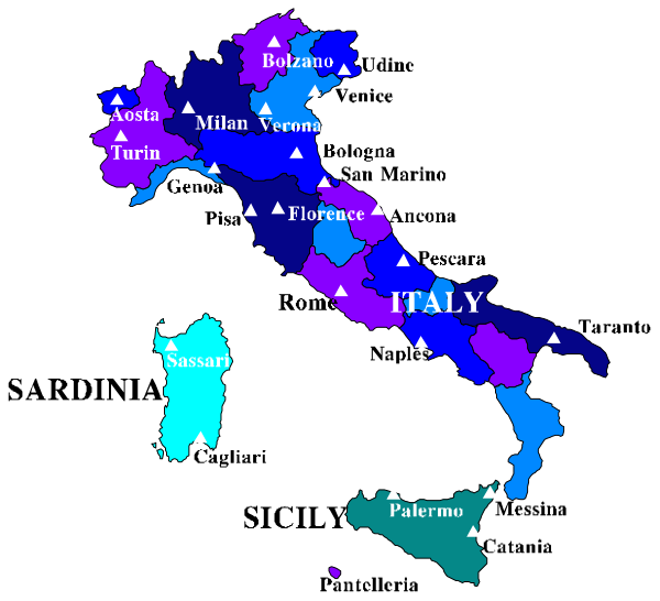 The map shows Italy with various regions labeled such as "BOLOGNA," "MILANO," "ROME" etc., indicating different cities in Italy; there is a legend on top left corner of image, and it appears to be an educational tool for learning about Italian geography or culture.