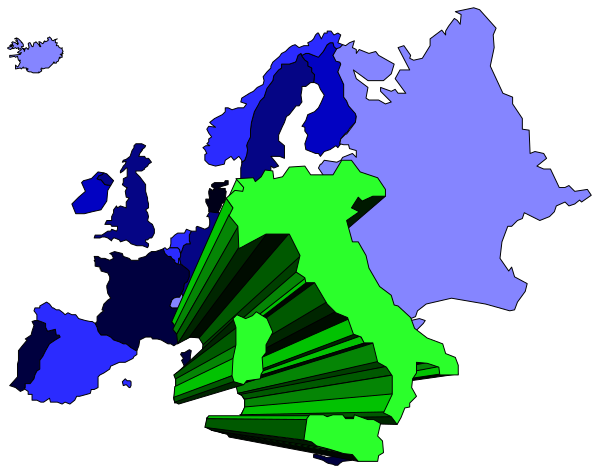 The image shows a map of Europe with various countries highlighted by different colored lines that connect them to other locations around the world; there is also an overlay graphic resembling satellite signals emanating from Italy, suggesting communication between these places.