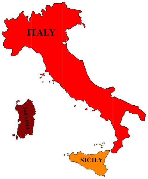 The map shows Italy with a red outline highlighting its borders against an orange background; there is also text indicating "Italy" in white letters atop it, along with smaller texts for other countries like Sicily and Sardinia on either side of the Italian peninsula.