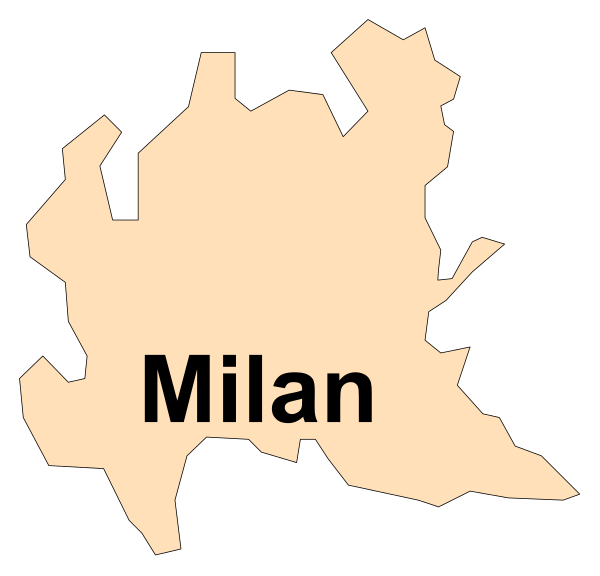 The image shows a map with Milan labeled on it next to an area that is shaded differently from its surroundings.