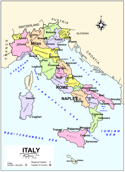 The map shows a stylized representation of Italy with various regions labeled; it is colored to represent different countries within Europe.